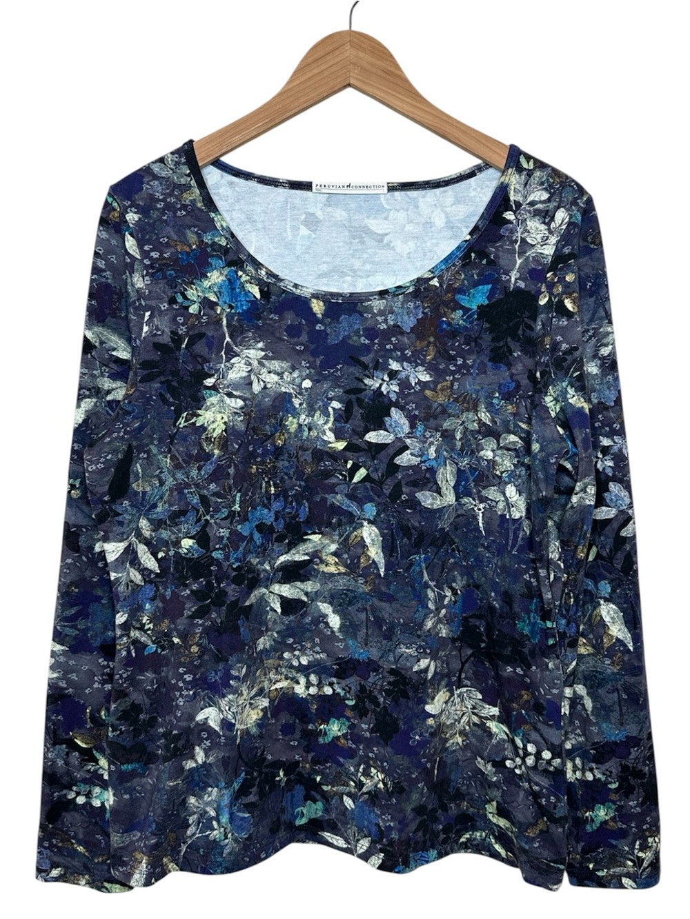 Peruvian Connection Pima Cotton Scoop Neck Long Sleeve Top SZ Large Dark Floral